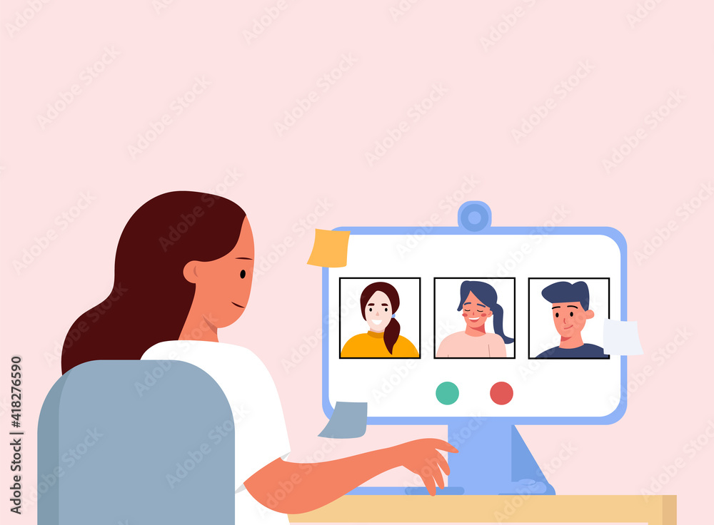 A young girl communicates with friends and colleagues via video communication. Working video call. Online training, work, communication with friends