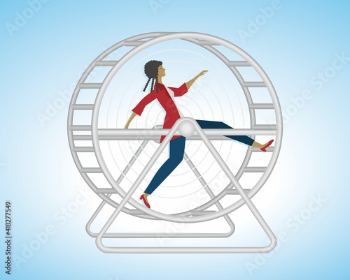 Woman running as fast as she can, with big steps in a hamster wheel or squirrel wheel.  Stress in life. Image could be found with other ethnicity/sex. Vector illustration. EPS10.
