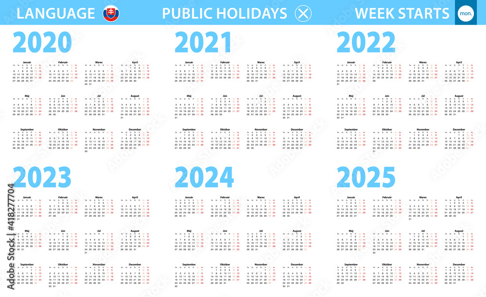 Calendar in Slovak language for year 2020, 2021, 2022, 2023, 2024, 2025