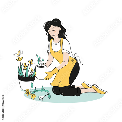 The girl is engaged in gardening in her garden. Plants the prepared seedlings. Doodle-style drawing.