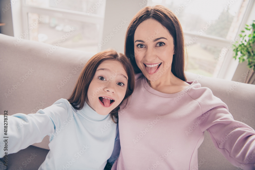 Portrait of positive funky lady little girl make selfie have fun tongue out spend free time weekend home indoors