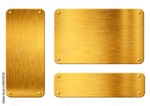 Gold metal plates with rivets isolated white on background. Shiny textures with space for your text. 3D illustration