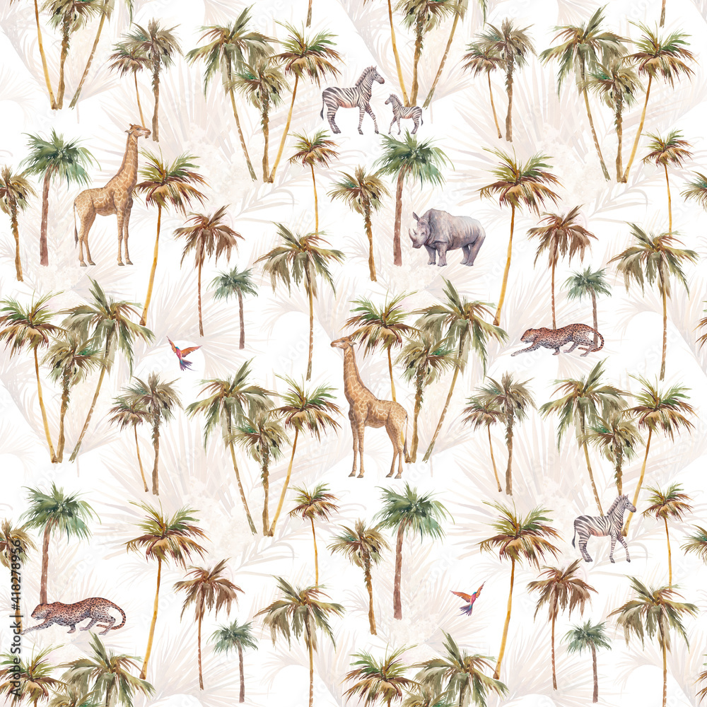 Safari seamless pattern. Watercolor repeating wallpaper design with