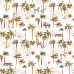 Keuken achterwand Afrikaanse dieren patronen Aquarel safari dieren onder palmbomen  © ldinka
