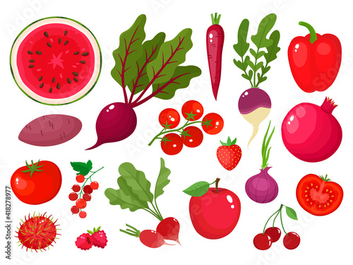 Vector concept of red fruit, vegetables, eat colors for health