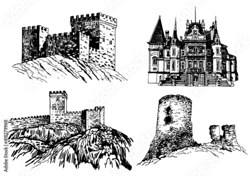 Graphical set of fortresses of Crimea isolated on white background,vector illustration