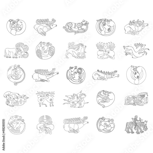 vector monochrome icon set with ancient Scythian art. Plaques with animal motifs for your project photo