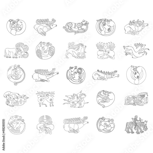 vector monochrome icon set with ancient Scythian art. Plaques with animal motifs for your project