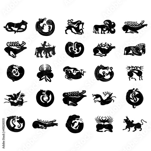 vector monochrome icon set with ancient Scythian art. Plaques with animal motifs for your project photo