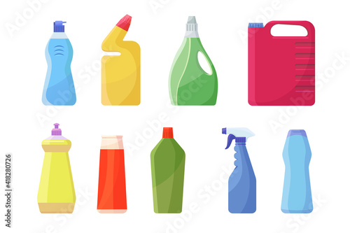 Bleach containers set. Colorful plastic bottles  can  spray for detergent  liquid soap  chemical disinfectant. Vector illustrations for laundry  toilet cleaning  hygiene  household concept