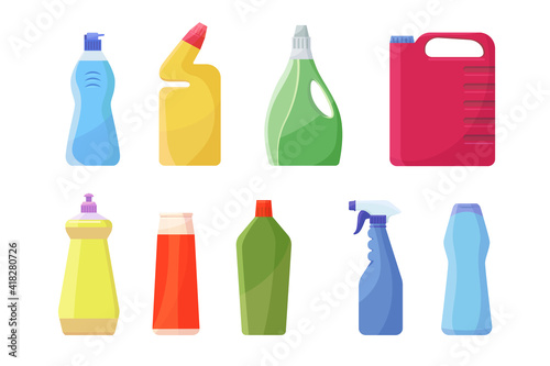 Bleach containers set. Colorful plastic bottles, can, spray for detergent, liquid soap, chemical disinfectant. Vector illustrations for laundry, toilet cleaning, hygiene, household concept