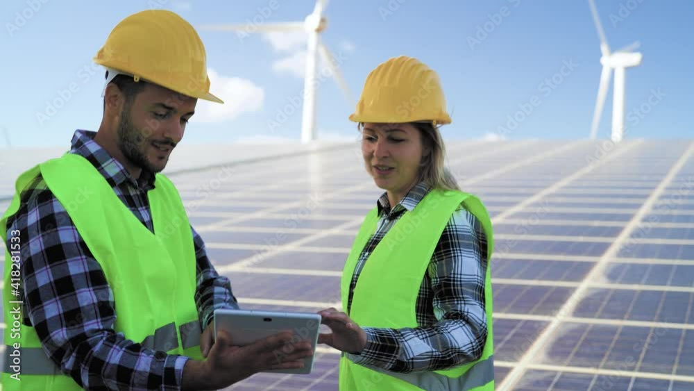 People working for alternative energy with wind turbine and solar panel - Innovation and green power concept People working for alternative energy with wind turbine and solar panel - Innovation and green power concept