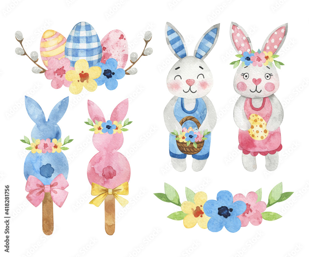 Easter watercolor clipart set, Easter eggs, Spring holiday clipart, easter bunnies