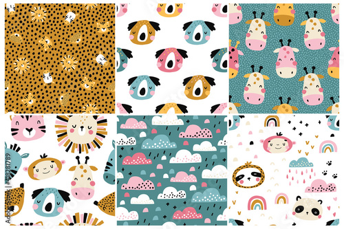 Jungle pattern set. Collection of vector seamless baby backgrounds with cute tropical animal muzzles. Pink clouds. Hand drawn doodle characters. Ideal for nursery textiles, fabrics, wrapping.