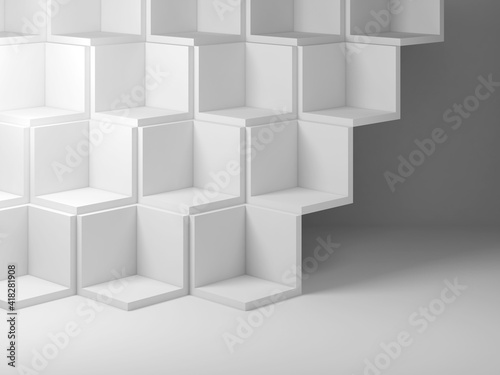 Cubes installation in a blank white room, 3d