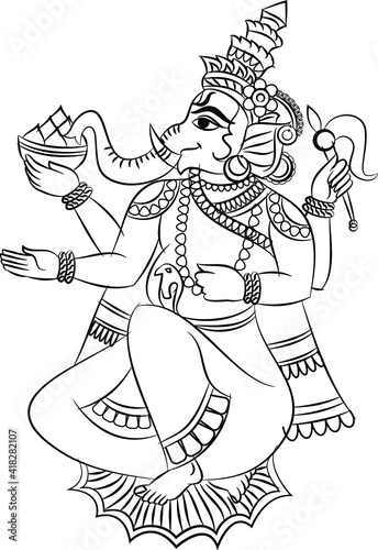 Illustration of Lord Ganpati/Ganesha drawn in Pinguli folk art style of Maharashtra India. for textile printing, logo, wallpaper