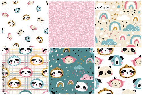 Jungle pattern set. Collection of vector seamless baby backgrounds with cute tropical animal muzzles. Pink clouds. Hand drawn doodle characters. Ideal for nursery textiles, fabrics, wrapping.