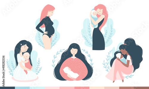 Mom and baby set. Women in various poses with babies, pregnancy. Cute heartwarming characters in cartoon hand-drawn style. Delicate pastel pink-blue palette. Vector isolated on white background.