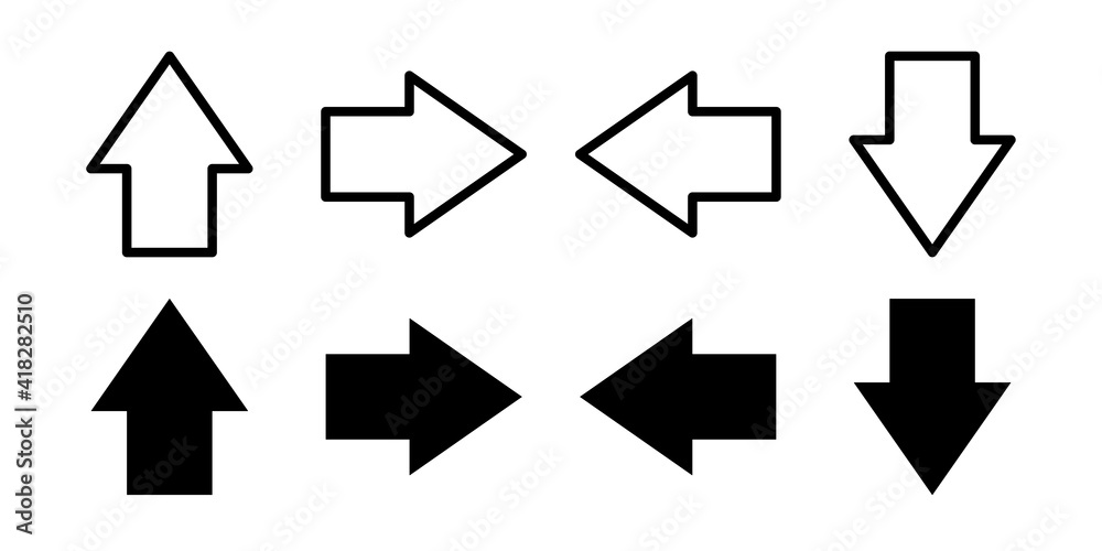 Set of Arrow icon. Vector illustration in outline style and silhouette. Right, left, forward, back direction
