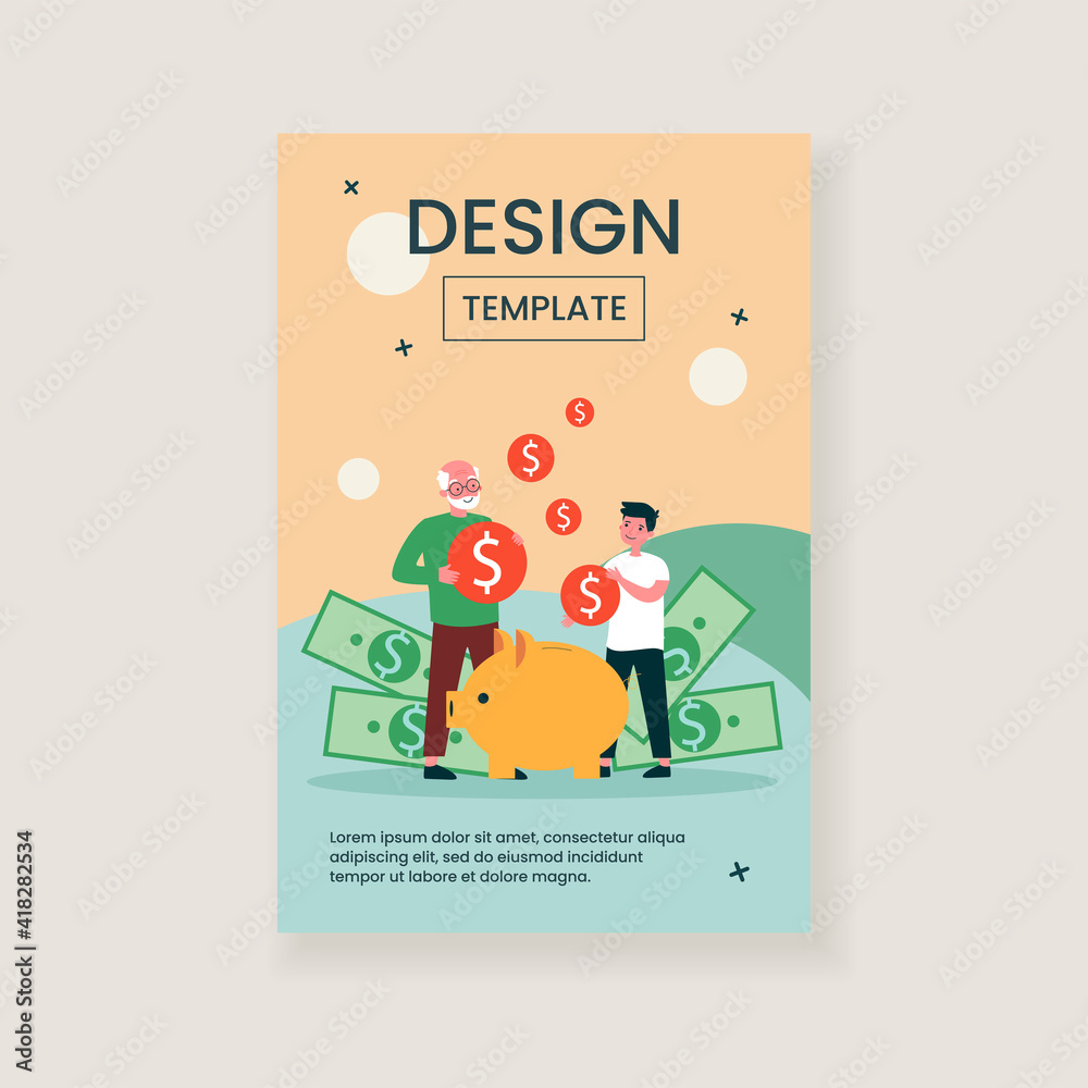 Grandfather teaching grandson to do money saving. Pig, deposit, coin flat vector illustration. Finance and wealth concept for banner, website design or landing web page