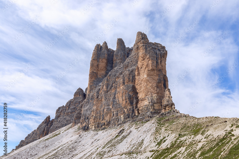 View from a different angle to Tre Cime di Lavaredo. Tre Cime Natural Park. South Tyrol, Italy