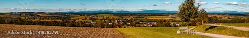 High resolution stitched panorama of a beautiful autumn or indian summer view with the Bavarian forest in the background near Eichendorf, Bavaria, Germany © Martin Erdniss
