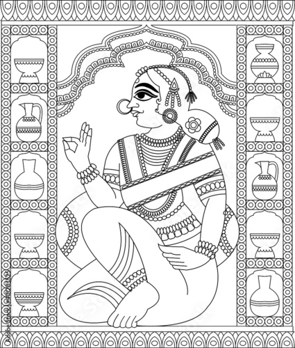 women from royal families drawn in Madhubani Kalamkari style for textile printing, India. It can be used for a coloring book, textile/ fabric prints, phone case, greeting card. logo, calendar