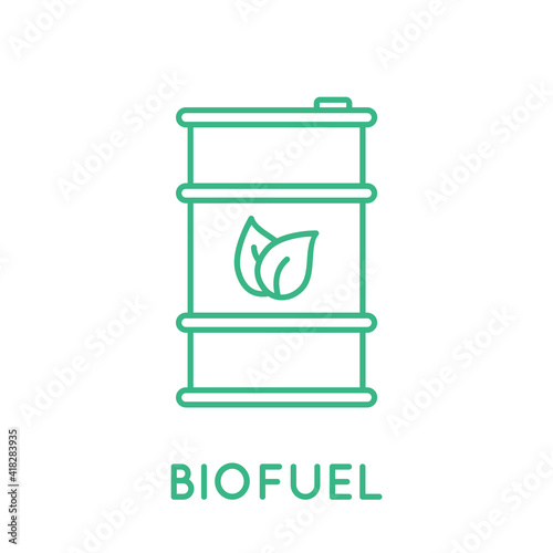 Biofuel barrel line icon. Biomass energy concept. Green fuel barrel with leaves.  Drum with eco friendly fuel. Alternative sustainable resources. Renewable energy. Vector illustration, flat, clip art