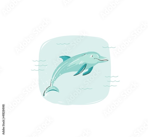Hand drawn vector abstract cartoon summer time fun illustration with jumping dolphin in blue ocean waves isolated on white background