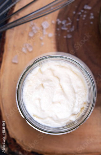 Homemade mayonnaise. Mayonnaise texture, top view. Close up