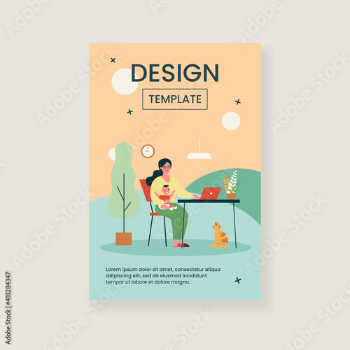 Happy mother holding baby and working online at home flat vector illustration. Cartoon mom sitting at desk and using laptop computer. Motherhood and freelance concept