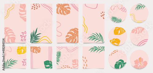 summer Stationary story templates and highlights covers vector set. Social media background design with floral and tropical leaf and colorful textures. Abstract minimal trendy style wallpaper. 
