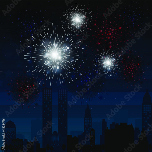 Firework and Cityscape Building in night scene Vector Illustration design