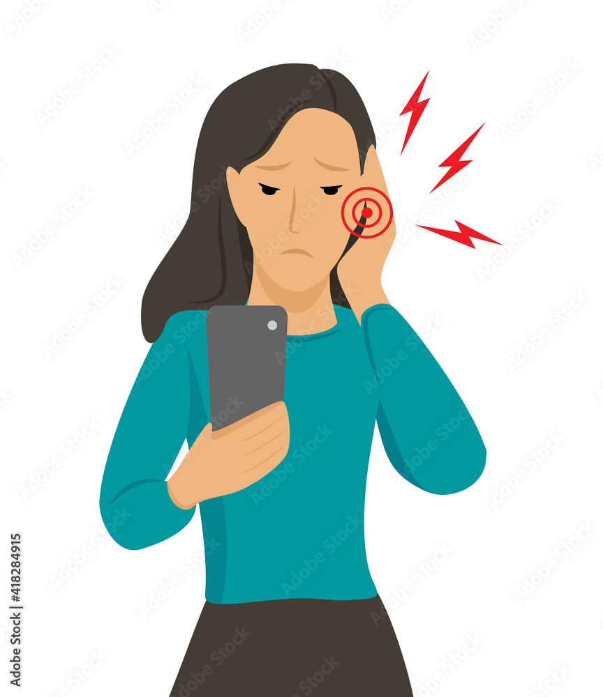 Woman with of earache. Girl with media otitis. Girl holds hand on your ear. Flat vector cartoon modern illustration. Woman with of earache. Girl with media otitis. Girl holds hand on your ear. Flat vector cartoon modern illustration.