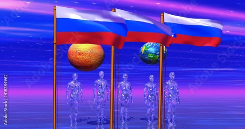 Mars and Earth with robots and Russian flags photo