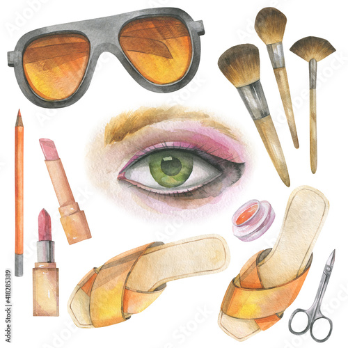 A set of decorative make-up cosmetics and accessories in yellow. Watercolor drawing.