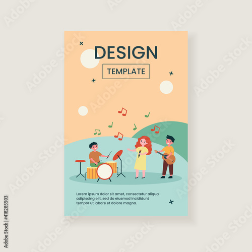 School musician band. Cute children with musical instruments playing and singer playing at party or festival. Vector illustration for talent show, kids orchestra, teenagers, concert concept