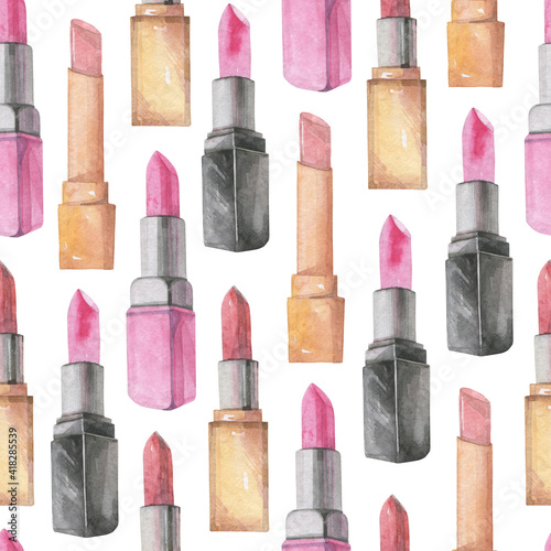 A set of decorative cosmetics for make-up. Palette with eyeshadow and powder. Watercolor drawing.