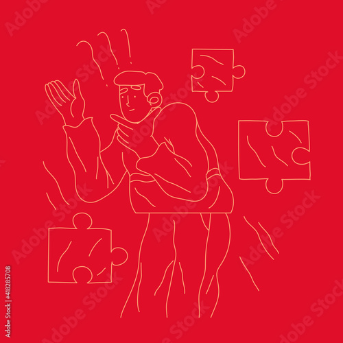 Mental rehabilitation, psychotherapy concept. Mental health problems, depression, agression and anxiety vector illustration in simple line art stile. Contemporary psychological problems of society.