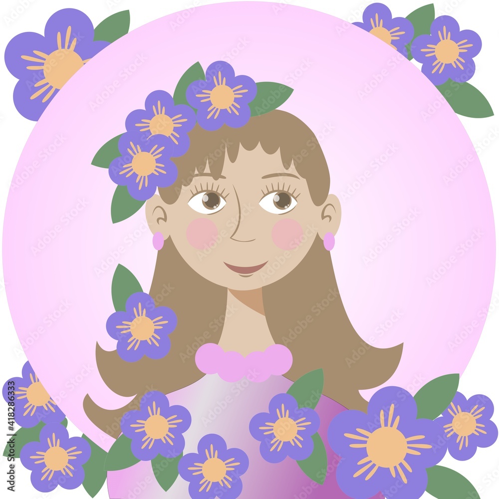 Vector illustration, Simple portrait of a girl with flowers