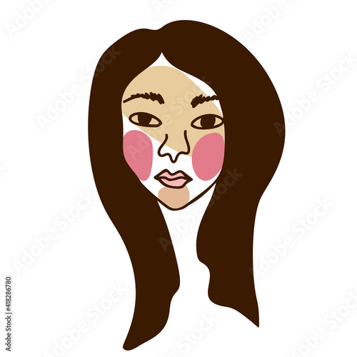 Line art abstract portrait of asian girl in cubism contemporary modern style with color block shapes. Hand drawn vector illustration for poster, print, car. Isolated on white background.
