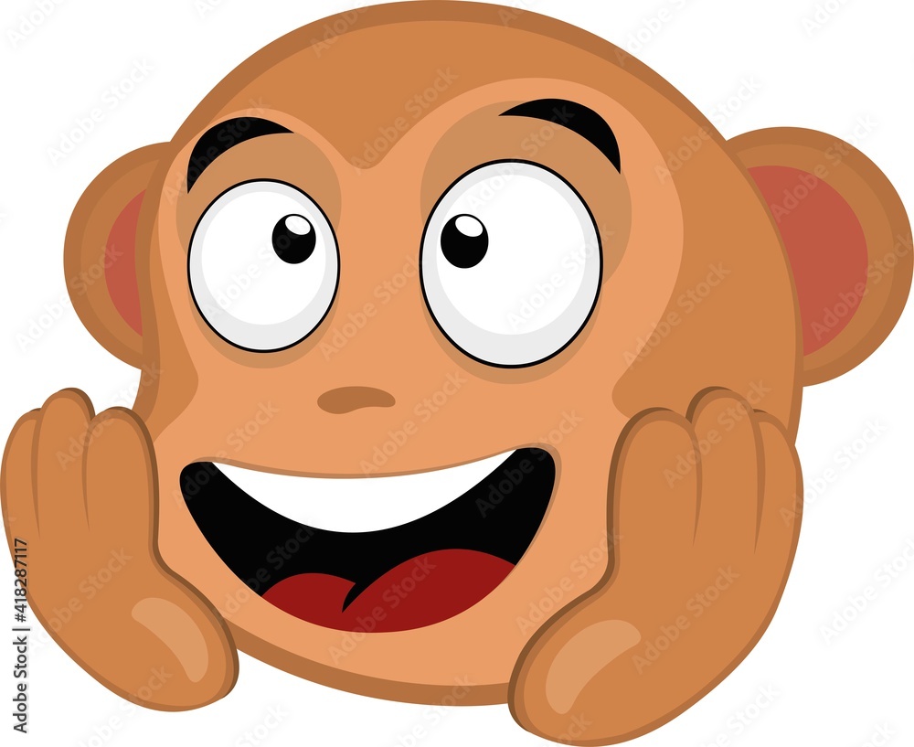 Vector emoticon illustration of the head of a cartoon monkey with his hands on his face, with an expression of admiration Vector emoticon illustration of the head of a cartoon monkey with his hands on his face, with an expression of admiration