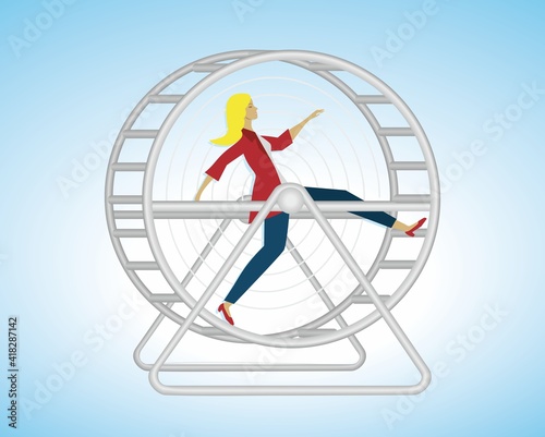 Woman running in hamster wheel, in some countries called squirrel wheel. Stress in life to make it all go round. Vector illustration. EPS10.