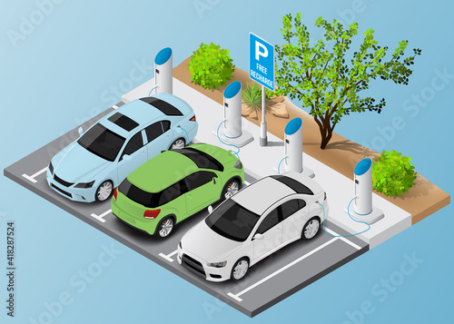 Isometric free electric car parking and charging. Ecological green planet concept.