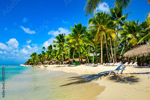 the shadow of the palm tree falls on the sunbed on Saona Island, Dominican Republic