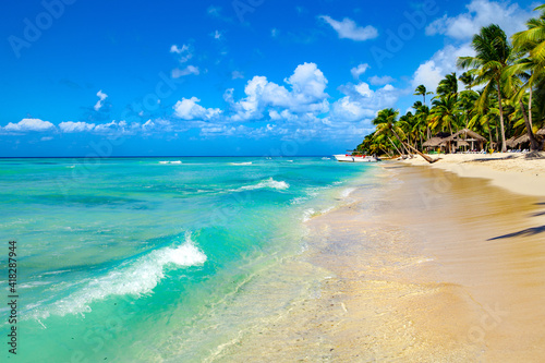Palm trees, blue sea and sunbeds on Saona Island, Dominican Republic