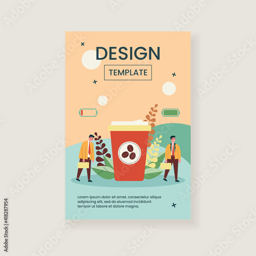 Office worker charging his battery with coffee energy. Business man walking near takeaway coffee cup. Flat vector illustration for caffeine addict, stress, coffee shop concept