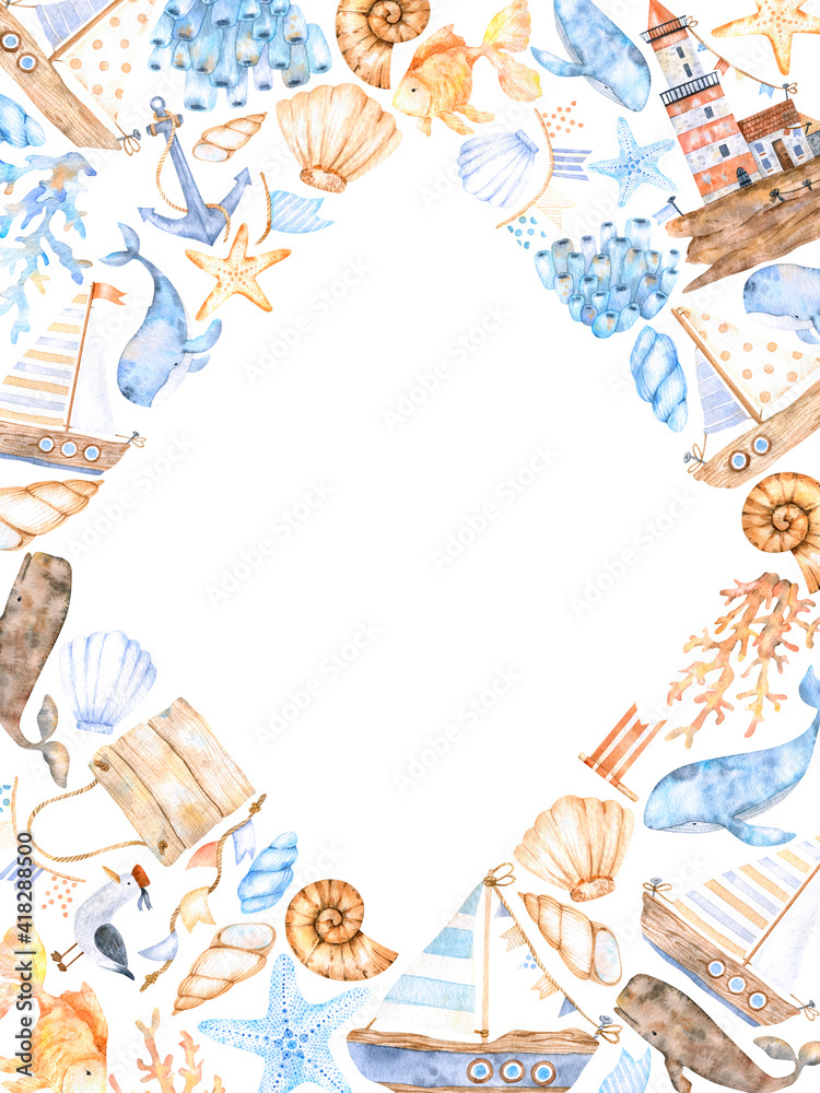 A frame of watercolor elements on a marine theme of corals,seashells,ships,whales and garlands with flags,anchors in blue and beige.For postcards,prints on clothes,invitations,design for the holidays. A frame of watercolor elements on a marine theme of corals,seashells,ships,whales and garlands with flags,anchors in blue and beige.For postcards,prints on clothes,invitations,design for the holidays.