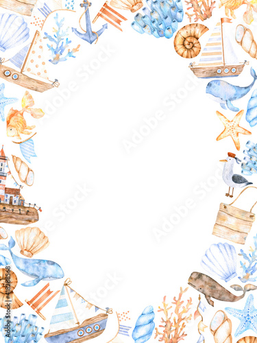A frame of watercolor elements on a marine theme of corals,seashells,ships,whales and garlands with flags,anchors in blue and beige.For postcards,prints on clothes,invitations,design for the holidays.