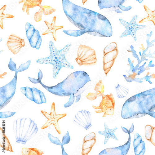 Seamless pattern on the marine theme from watercolor seashells, corals, whales and starfishes with beige-blue gamut for printing on fabric, wrapping paper, textiles, clothing and design